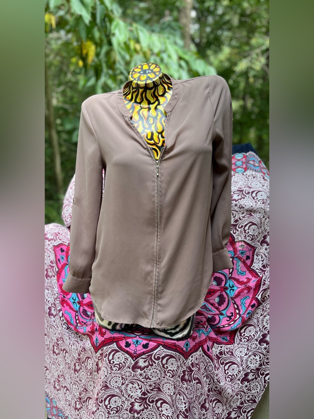 Fleur Elise Taupe Zip-Front V-Neck Tunic Blouse